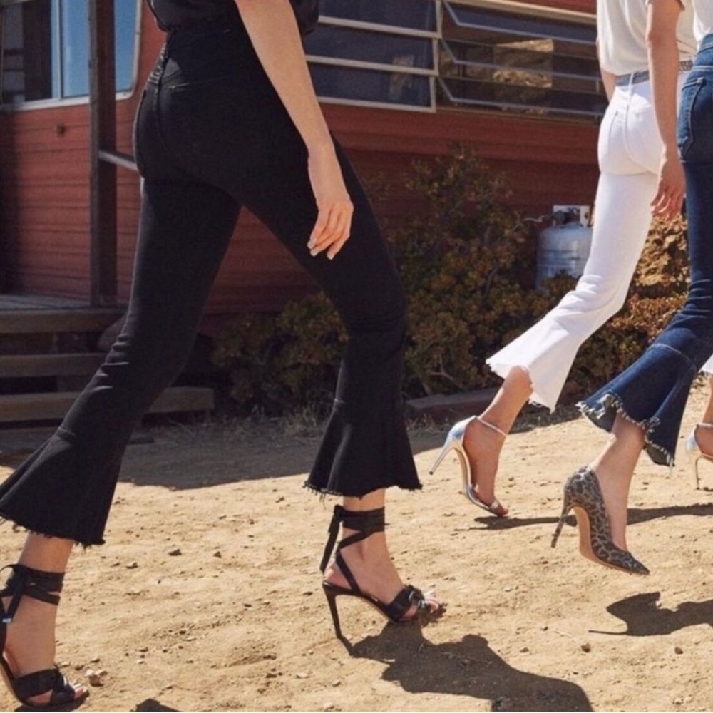 MOTHER Black Cropped Cha Cha Fray Jeans with Flared Hem